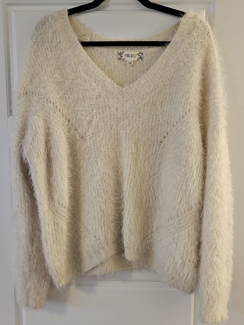 Pink Rose Ivory Fuzzy V-Neck Sweater